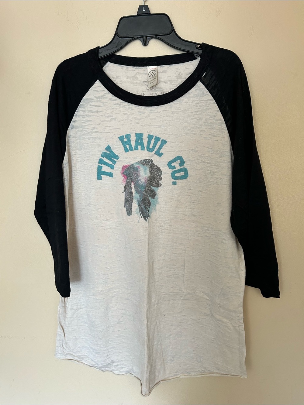 Alternative Women’s Raglan Tee - White Body with Black Sleeves and Teal Graphic